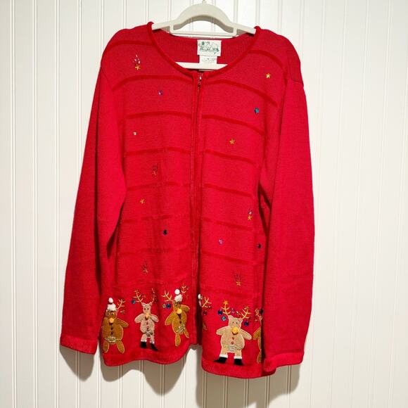 Quacker Factory Red Reindeer Christmas Cardigan Sweater Plus Size 1X - Picture 1 of 6